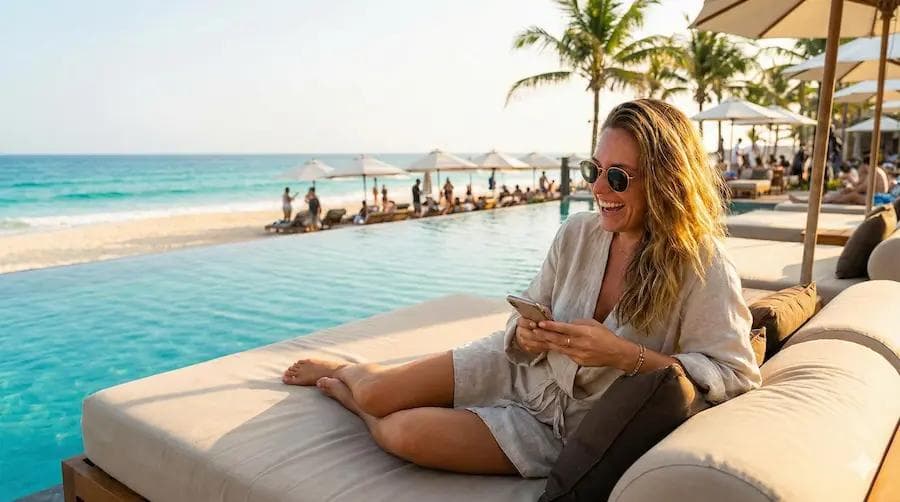 Woman at a beach club online shopping