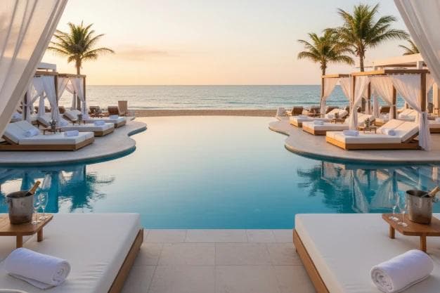 An image of a beach club with empty seating