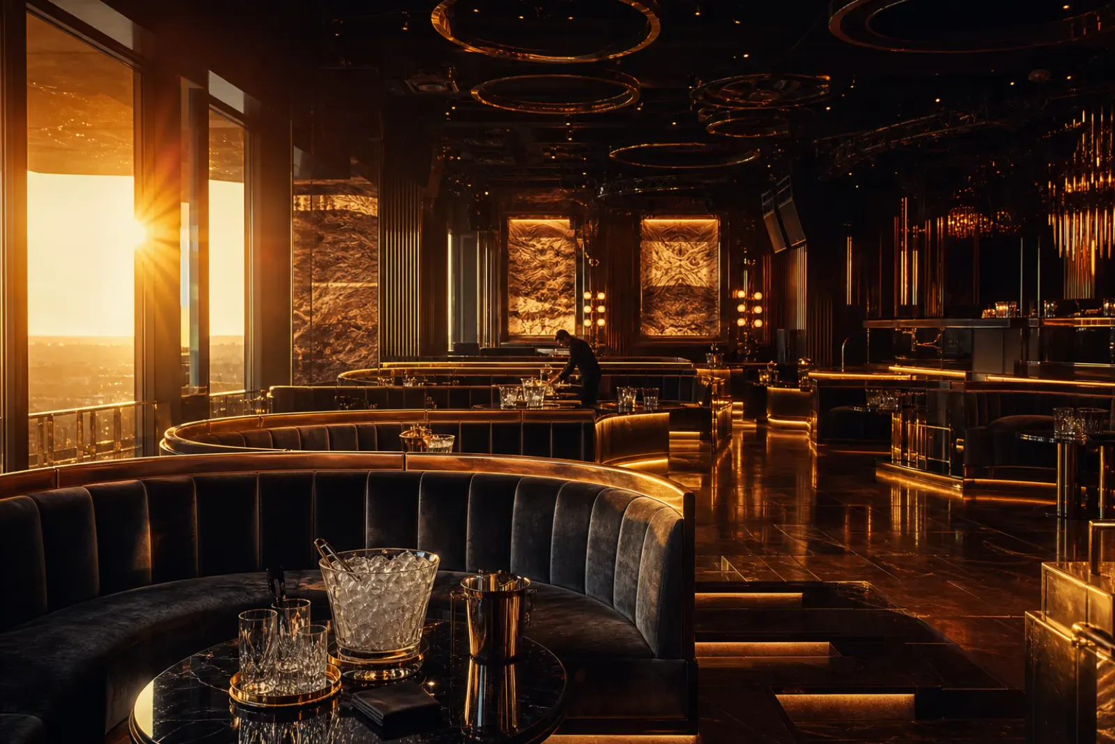Nightclub interior at night with VIP tables, low sofas, and bottle service under moody lighting